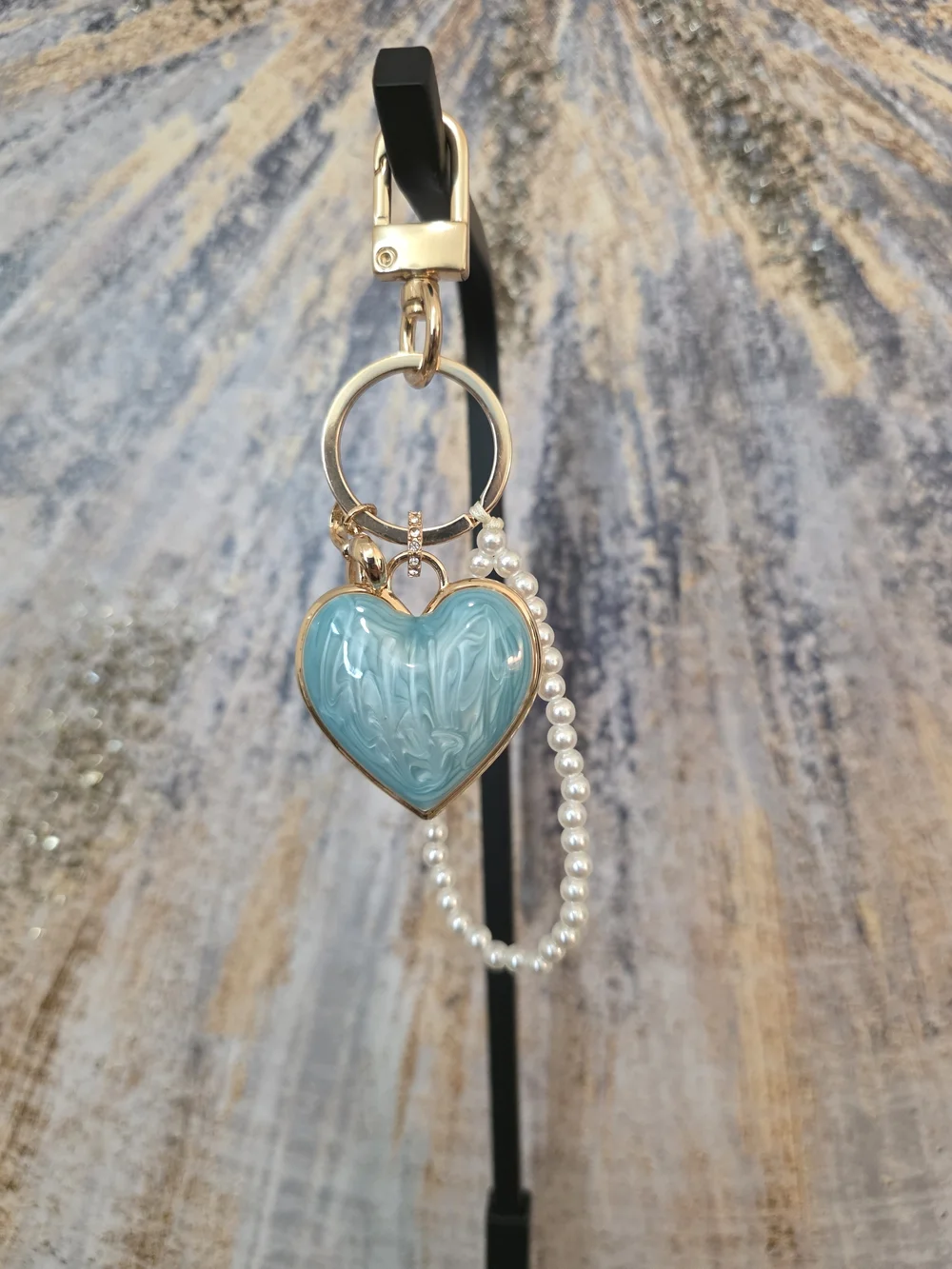 Pearl Strap Heart Keychain Bag Charm - Blue